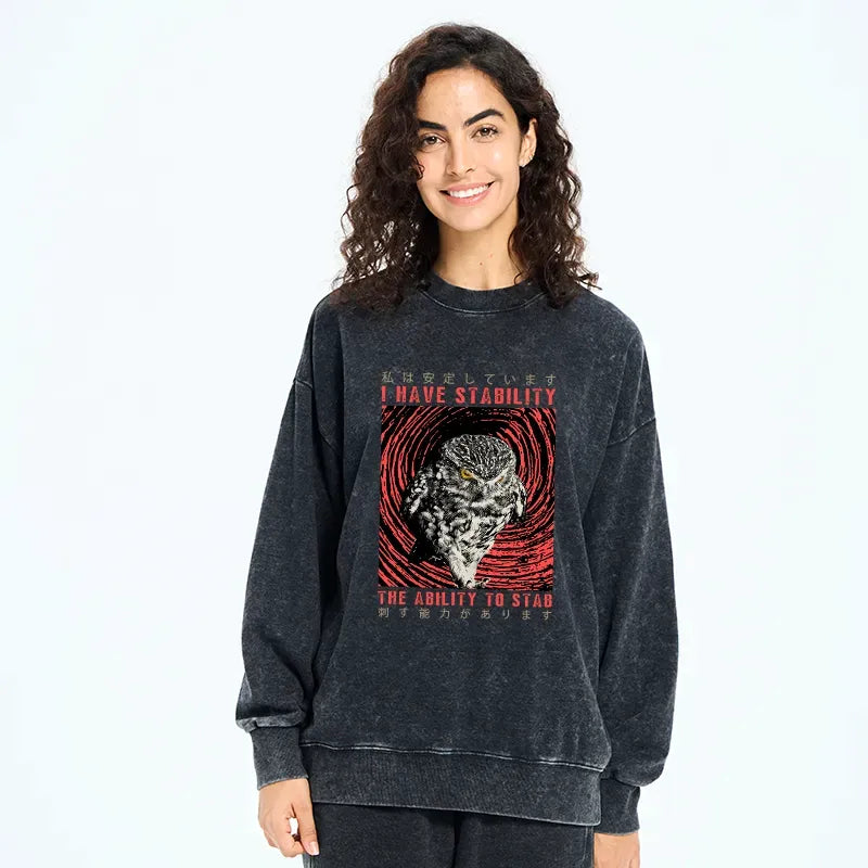 Kyoto-Lion I Have Stability Owl Washed Sweatshirt