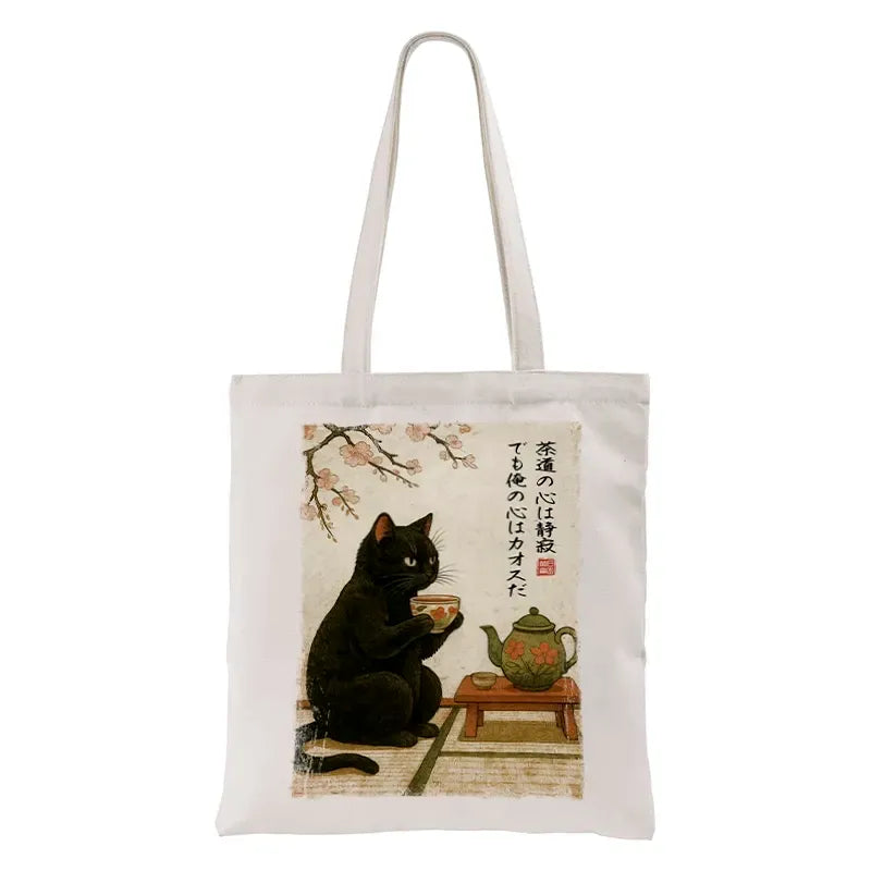 Japanese Tote Bag with Black Cat