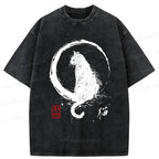 Japanese Vintage Black Cat Tee for Summer