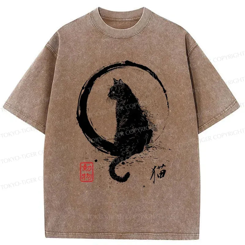 Kyoto-Lion Retro Japanese Black Cat Washed T-Shirt