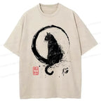Kyoto-Lion Retro Japanese Black Cat Washed T-Shirt