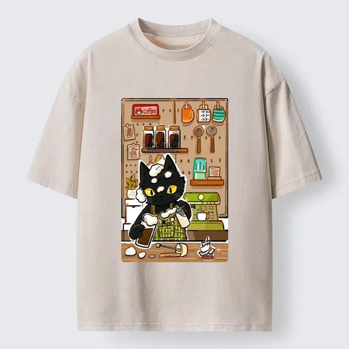 Kyoto-Lion Black Cat Barista Makes Coffee Foam Washed T-Shirt