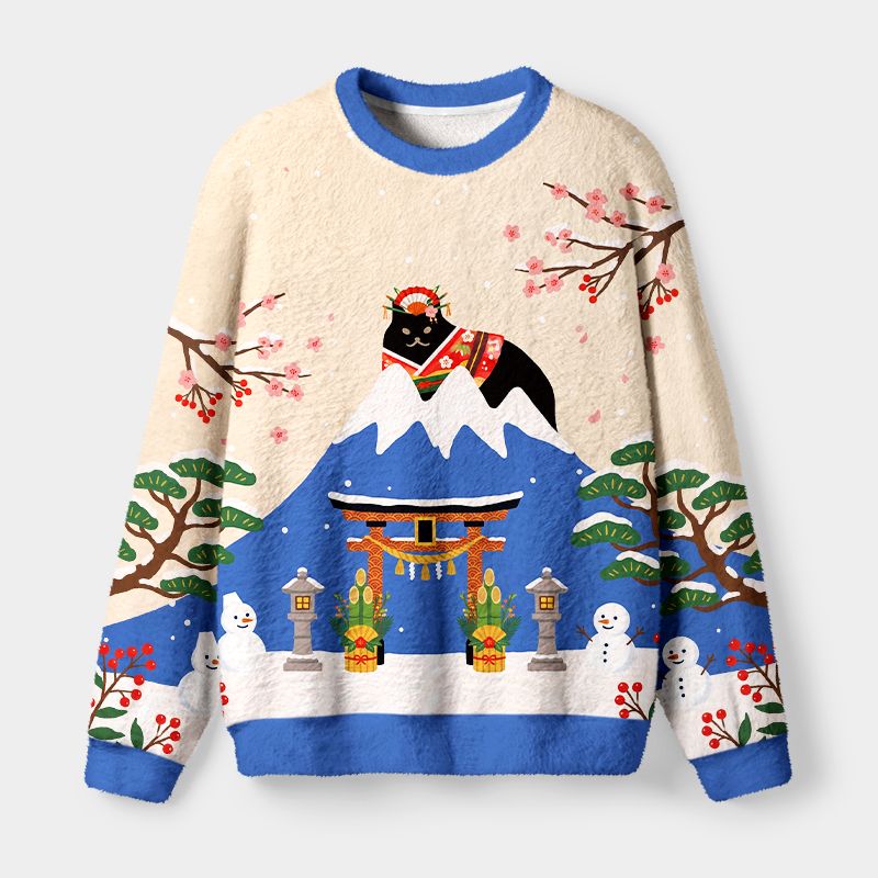 Kyoto-Lion Cat On Mount Fuji Fuzzy Christmas Ugly Sweatshirt