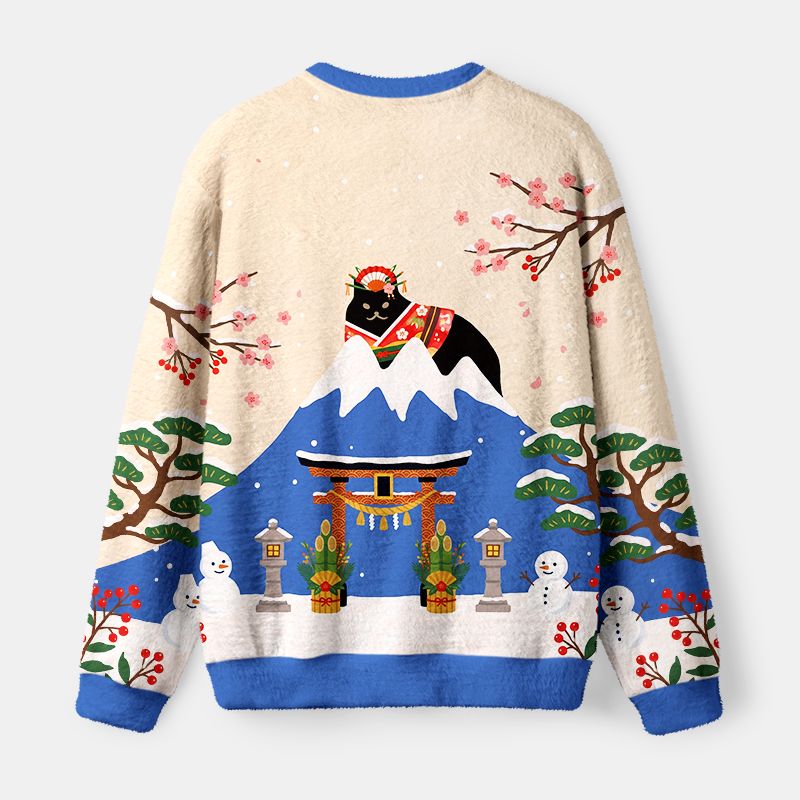 Kyoto-Lion Cat On Mount Fuji Fuzzy Christmas Ugly Sweatshirt
