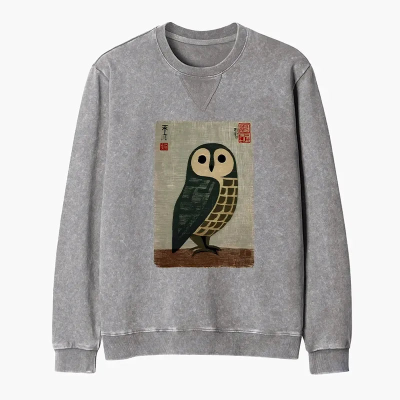 Kyoto-Lion Traditional Owl In Japanese Art Washed Terry Sweatshirt