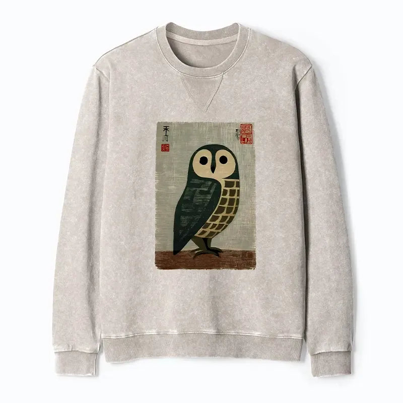 Kyoto-Lion Traditional Owl In Japanese Art Washed Terry Sweatshirt