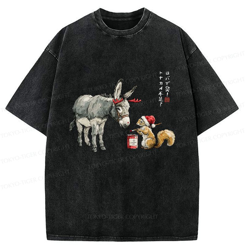 Kyoto-Lion Not Enough Christmas Reindeer Donkey To The Rescue Washed T-Shirt