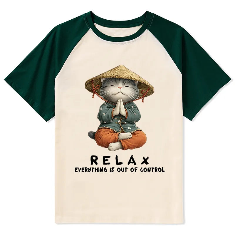 Kyoto-Lion Zen Relax Cat Graphic Raglan T-shirt