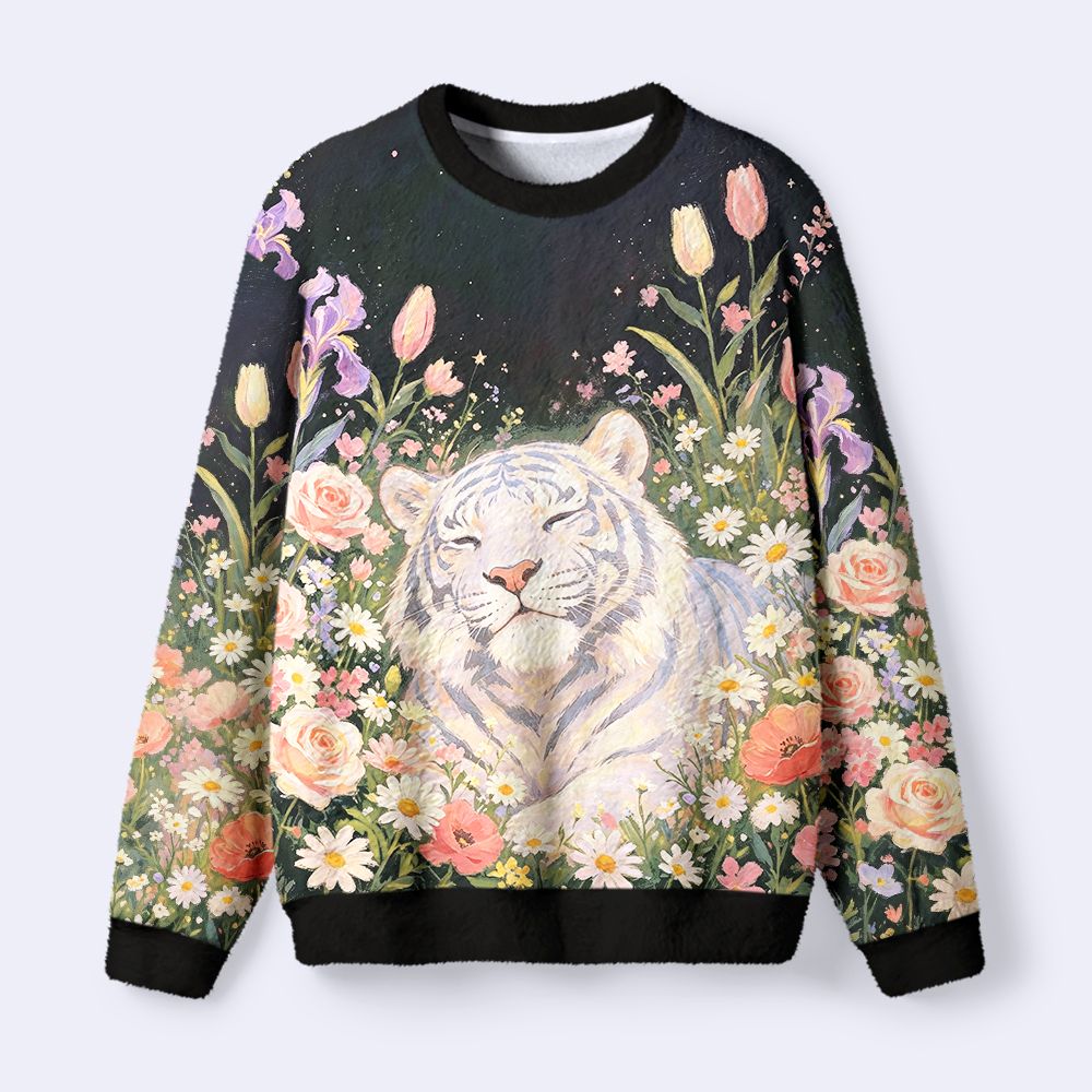 Kyoto-Lion Blossom-Wrapped Tiger Fuzzy Christmas Ugly Sweatshirt