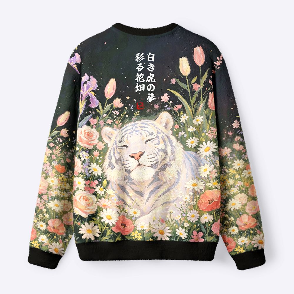 Kyoto-Lion Blossom-Wrapped Tiger Fuzzy Christmas Ugly Sweatshirt