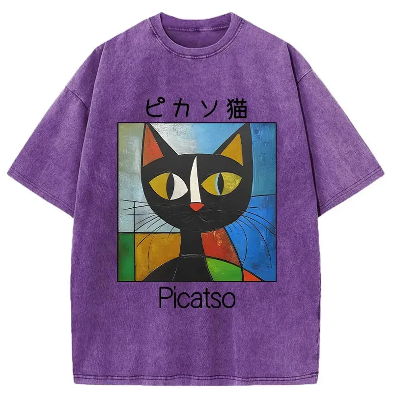 Kyoto-Lion Funny Picasso Cat Washed T-Shirt