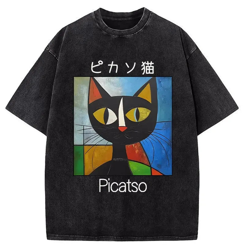 Kyoto-Lion Funny Picasso Cat Washed T-Shirt
