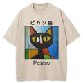 Kyoto-Lion Funny Picasso Cat Washed T-Shirt
