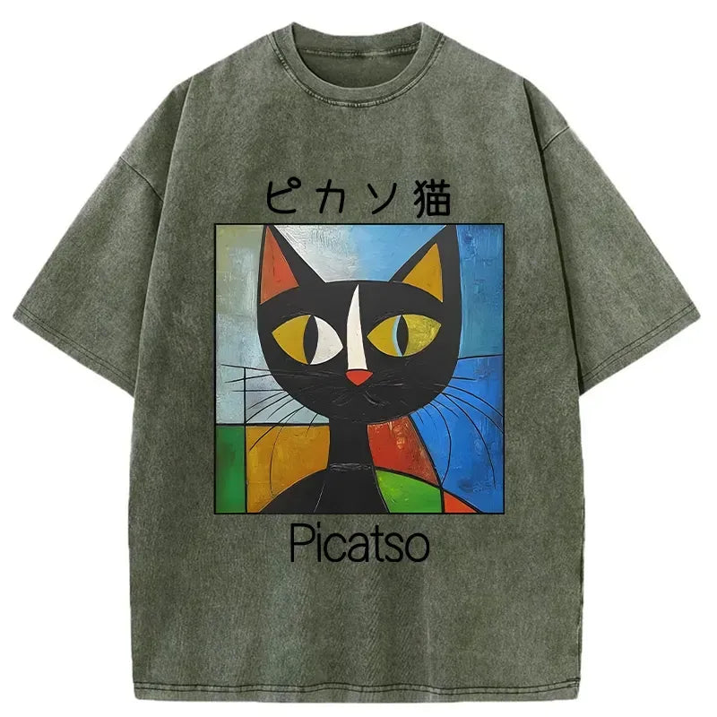Kyoto-Lion Funny Picasso Cat Washed T-Shirt