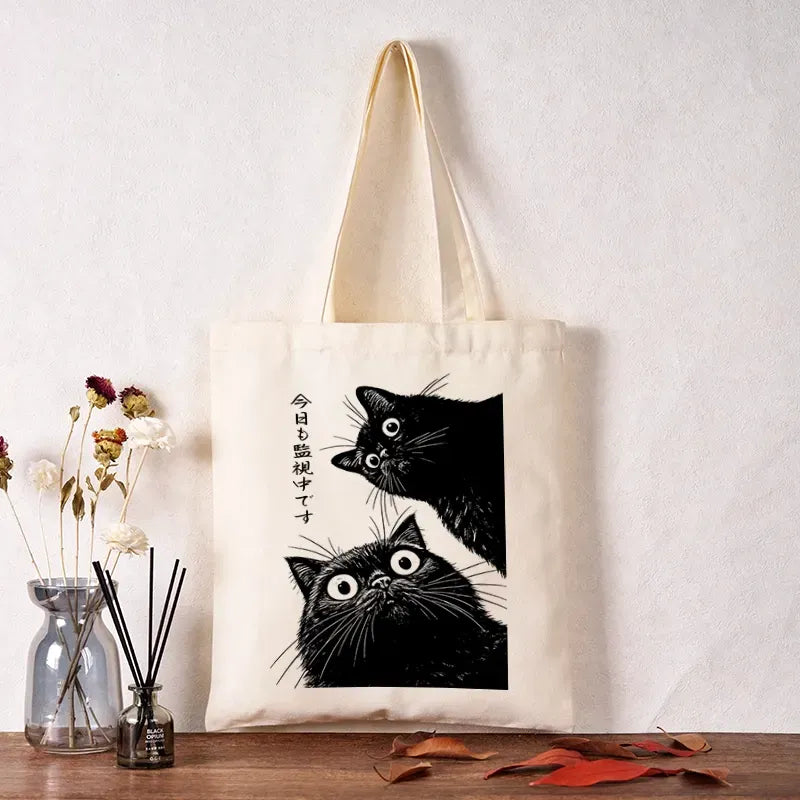 Canvas Tote Bag with Cat Design