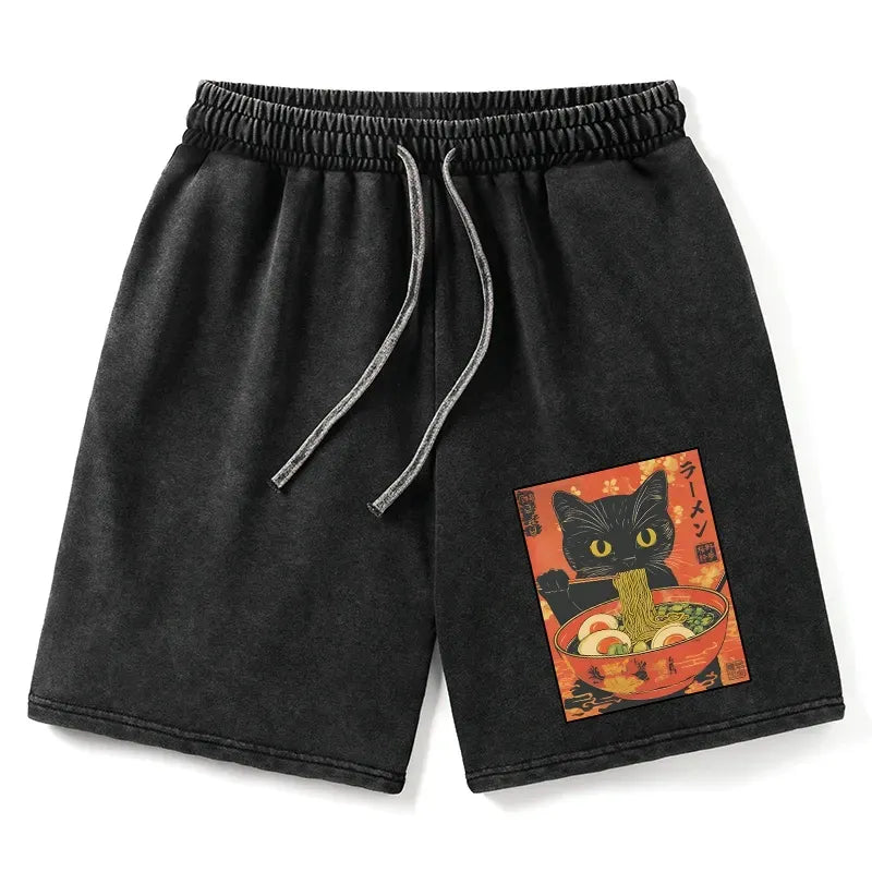 Kyoto-Lion Hungry Black Cat Loves Ramen Washed Shorts
