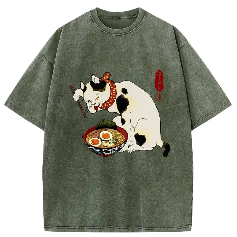 Kyoto-Lion The Cat Obsessed With Ramen Washed T-Shirt