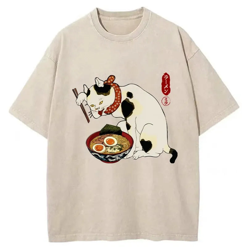 Kyoto-Lion The Cat Obsessed With Ramen Washed T-Shirt