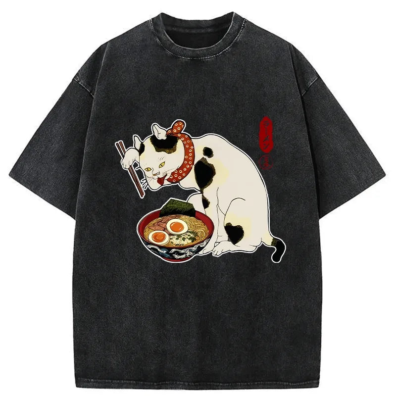 Kyoto-Lion The Cat Obsessed With Ramen Washed T-Shirt