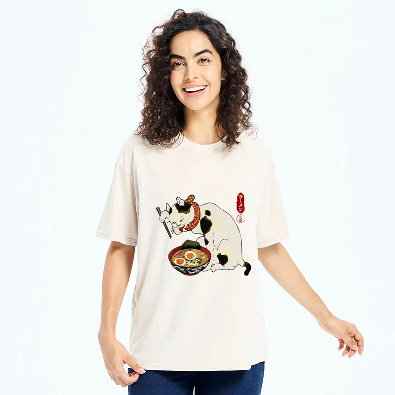 Kyoto-Lion The Cat Obsessed With Ramen Washed T-Shirt