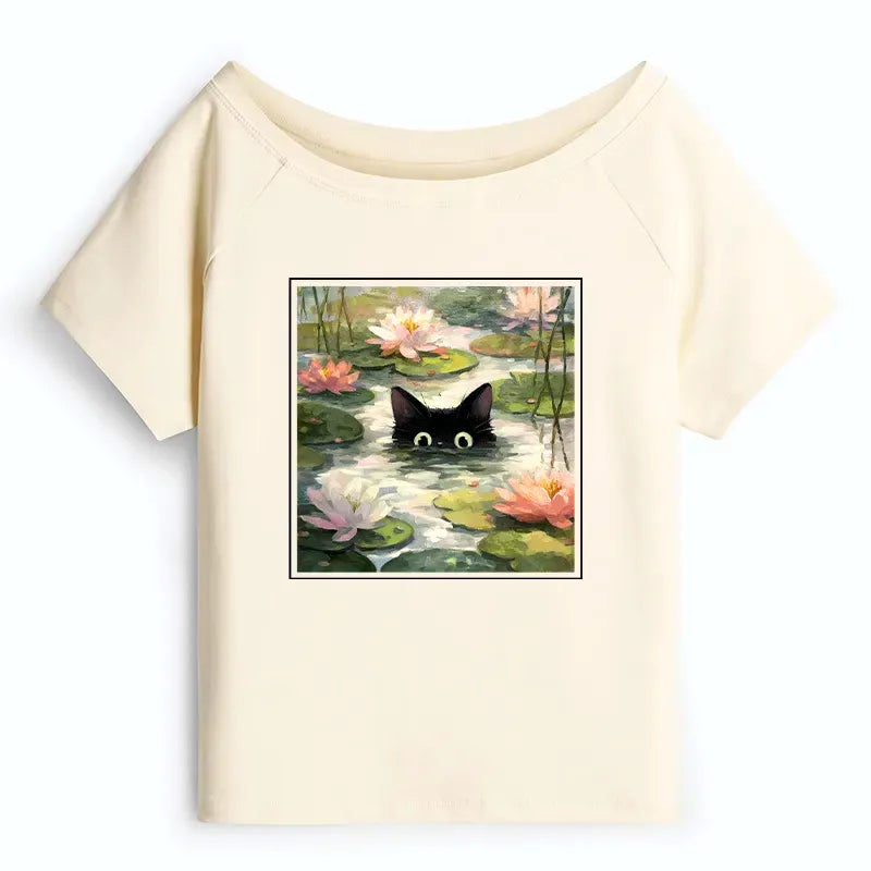 Kyoto-Lion Black Cat and Lotus Flower Off Shoulder T-Shirt