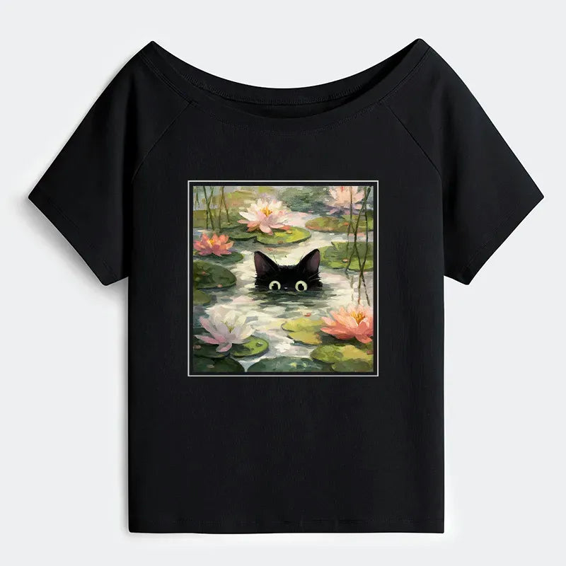 Kyoto-Lion Black Cat and Lotus Flower Off Shoulder T-Shirt