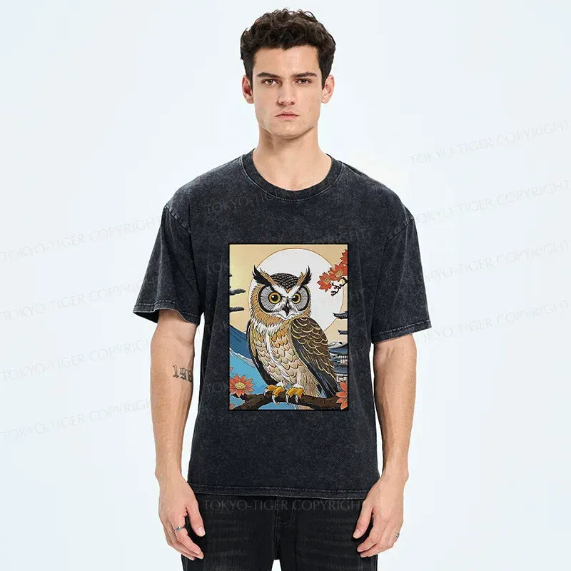 Kyoto-Lion Owl Ukiyo-e Washed T-Shirt