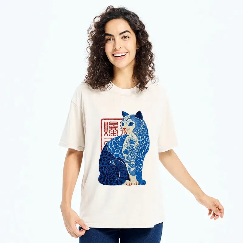 Kyoto-Lion Blue And White Cat Print Art Washed T-Shirt