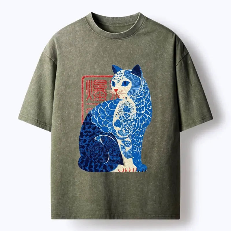 blue white cat print tee for streetwear