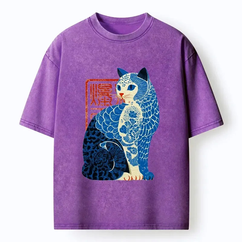 japanese cat art washed t-shirt