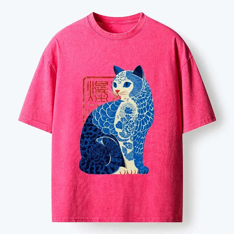 blue white cat print tee for streetwear