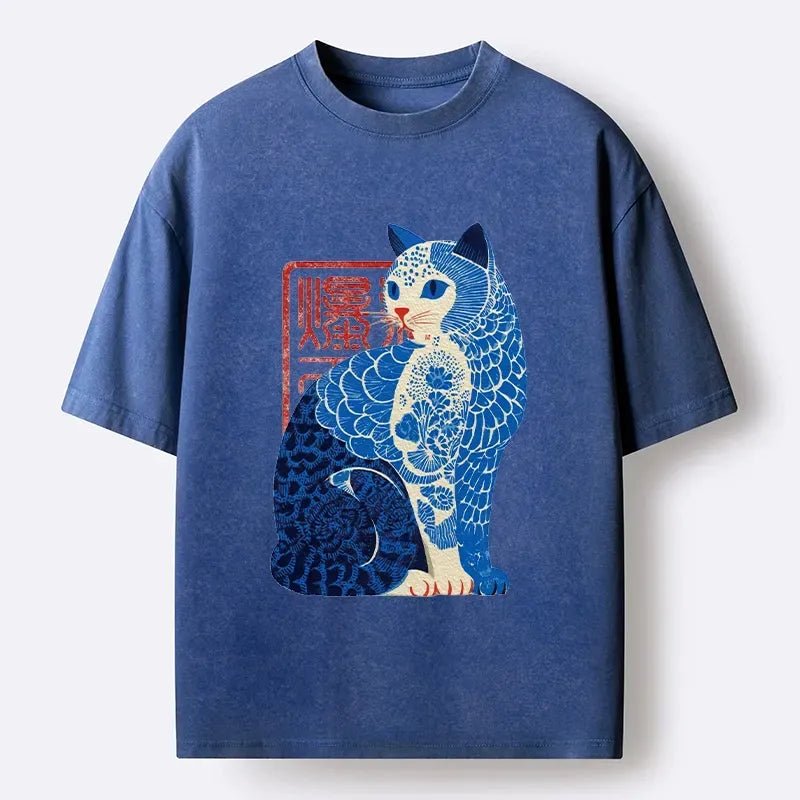 japanese cat art washed t-shirt