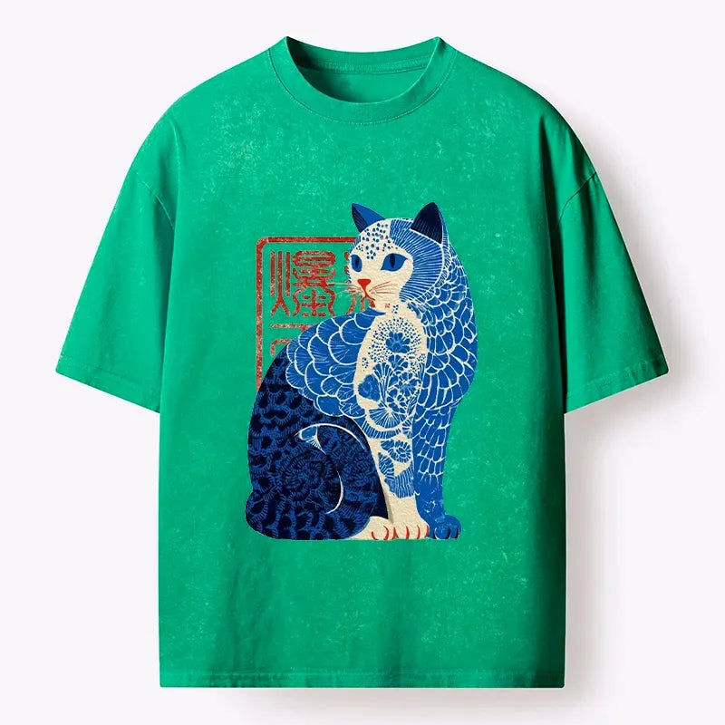 japanese cat art washed t-shirt