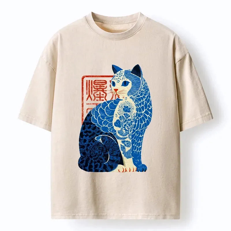 japanese cat art washed t-shirt