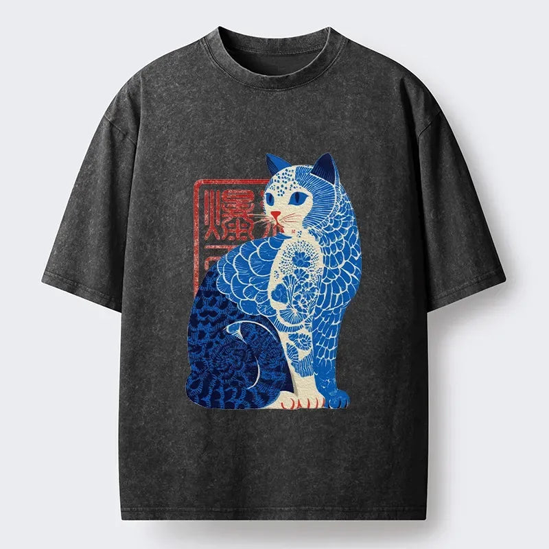 japanese cat art washed t-shirt