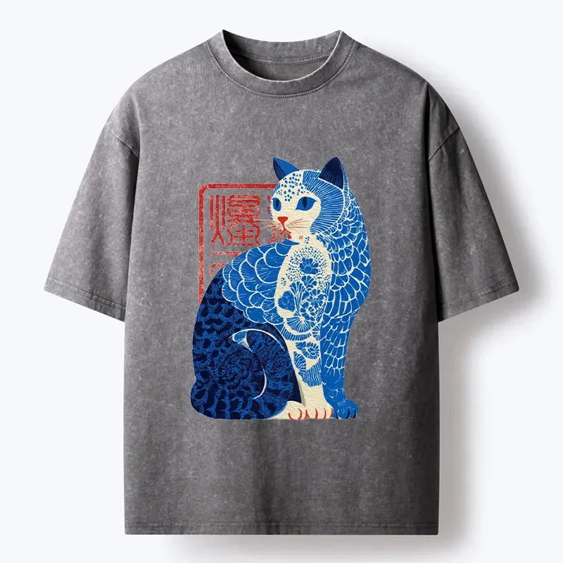 Kyoto-Lion Blue And White Cat Print Art Washed T-Shirt