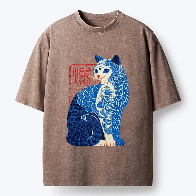 blue white cat print tee for streetwear