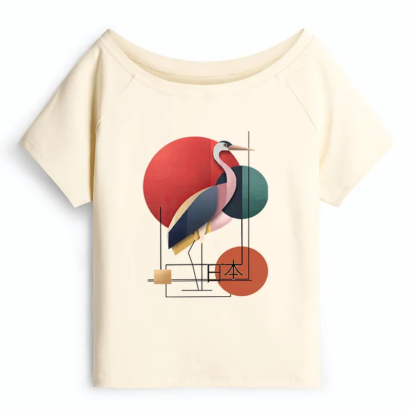 Kyoto-Lion Geometric Crane Art Off Shoulder T-Shirt