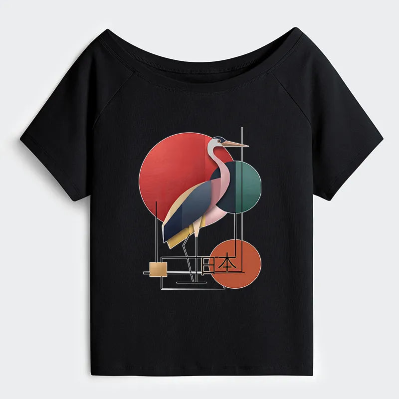 Kyoto-Lion Geometric Crane Art Off Shoulder T-Shirt