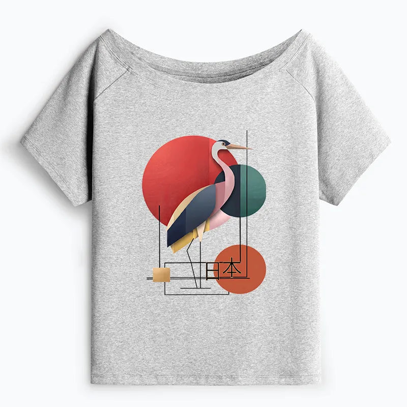 Kyoto-Lion Geometric Crane Art Off Shoulder T-Shirt