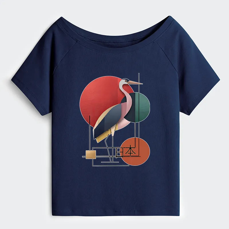 Kyoto-Lion Geometric Crane Art Off Shoulder T-Shirt