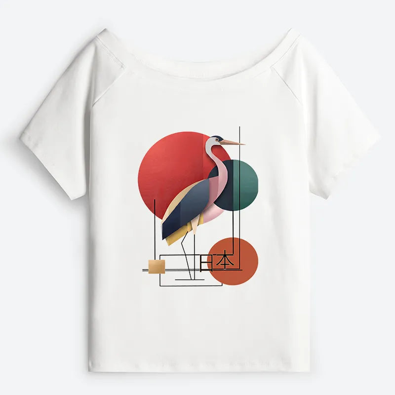 Kyoto-Lion Geometric Crane Art Off Shoulder T-Shirt
