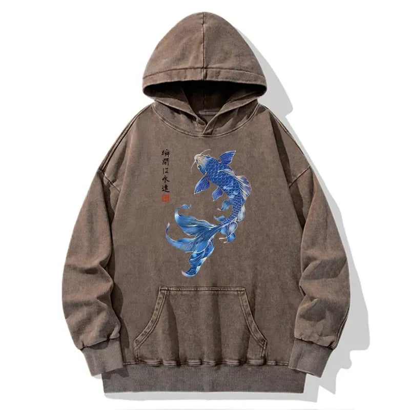 Kyoto-Lion Lucky Blue Koi Fish Art Washed Hoodie