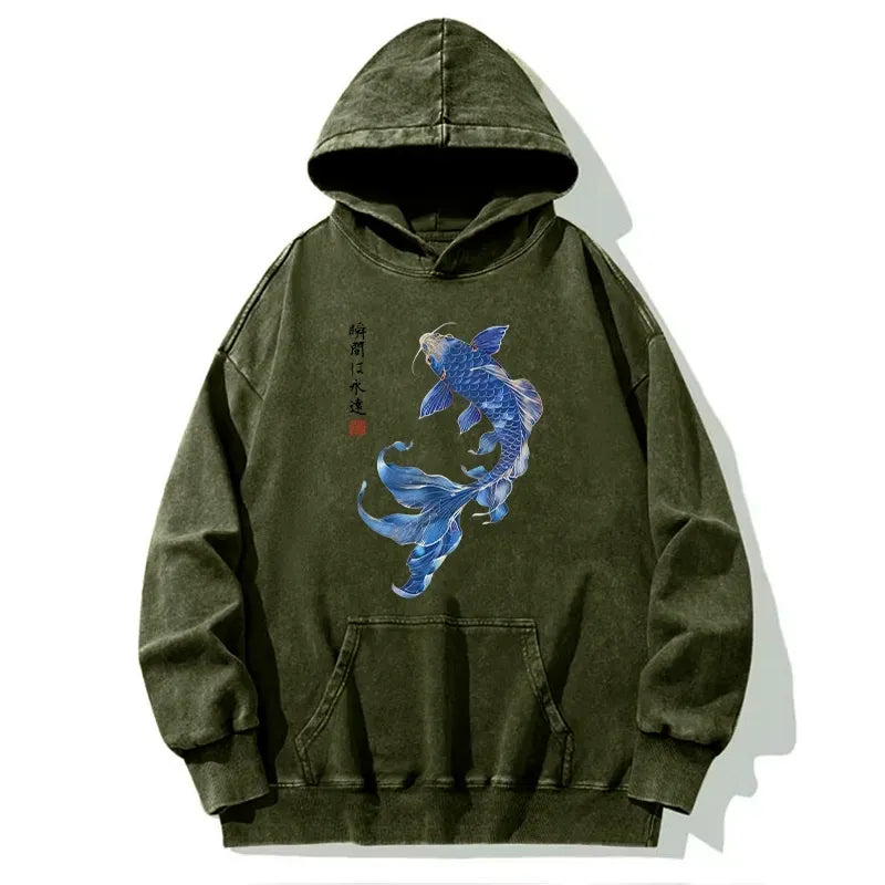 Kyoto-Lion Lucky Blue Koi Fish Art Washed Hoodie
