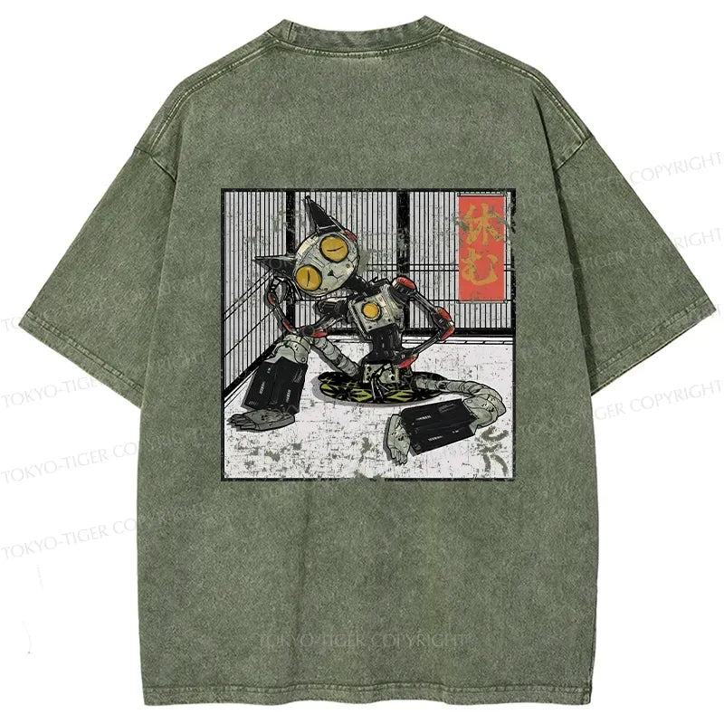 Japanese robot cat washed t-shirt