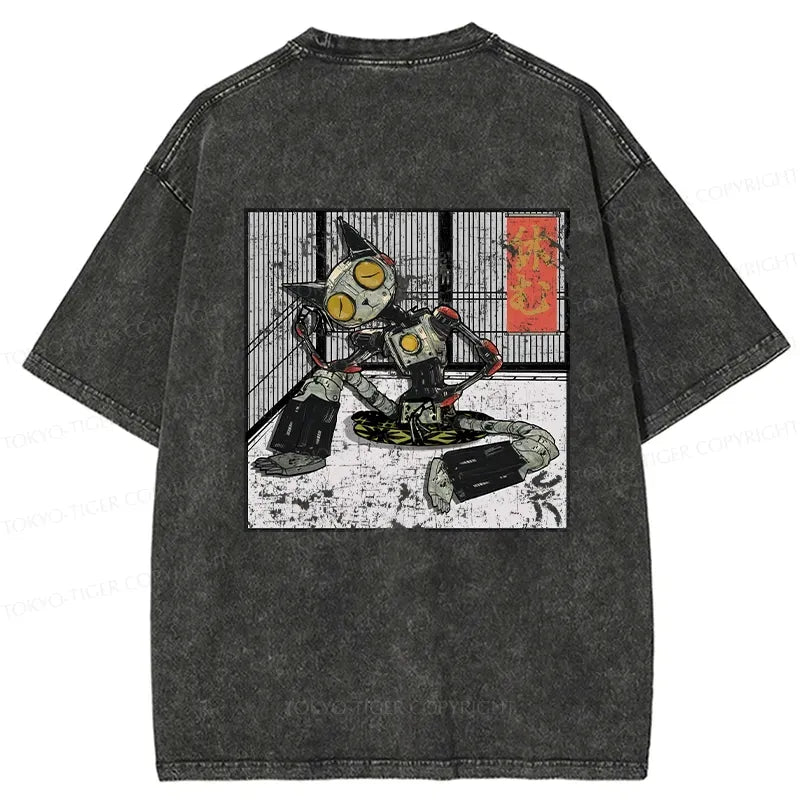 Japanese robot cat washed t-shirt