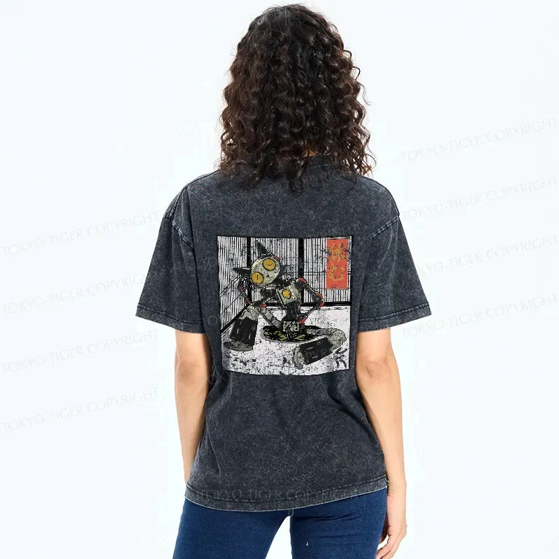 Japanese robot cat washed t-shirt