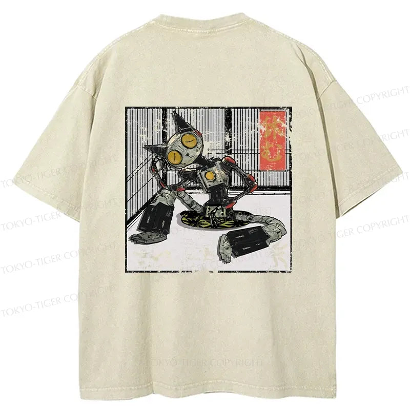 Japanese robot cat washed t-shirt