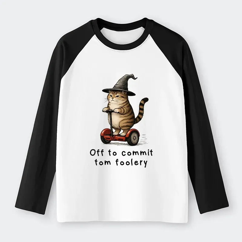 Kyoto-Lion Orange Cat Riding Segway-style Raglan Long Sleeve T-shirt