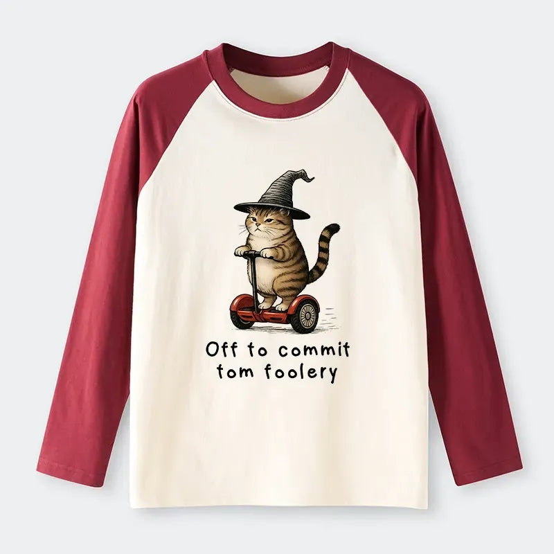 Kyoto-Lion Orange Cat Riding Segway-style Raglan Long Sleeve T-shirt